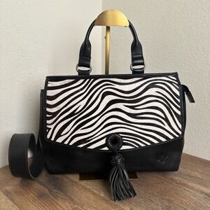 Patricia Nash Mollia Zebra Haircalf Leather Satchel Shoulder Bag Black
